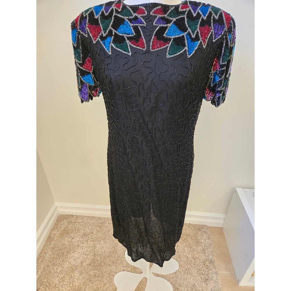 Vintage Silk Sequin Beaded Cocktail Dress Art Deco Sleeve Open Back Midi